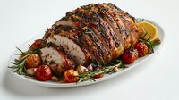 Sliced roasted pork tenderloin with herbs, cherry tomatoes and orange garnish served on white platter. Juicy meat with crispy crust and Mediterranean style garnish.