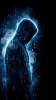 Anonymous hooded figure silhouette with glowing blue digital particles and data streams on dark background for cybersecurity and technology concepts.