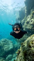 Freediver exploring underwater coral reef with mask and snorkel in crystal clear blue ocean water surrounded by marine life and rocky formations.