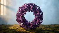 Purple floral wreath with dark blooms arranged in circular pattern on moss surface with soft window light creating dreamy atmospheric background for decoration.