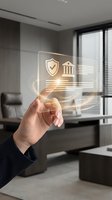 Businessman hand touching transparent digital interface with banking security icons in modern office environment for financial technology solutions.