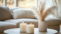 Minimalist home decor with burning white candles and pampas grass in ceramic vase on round coffee table against cozy beige sofa, creating peaceful atmosphere.