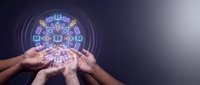 Diverse hands holding glowing digital network icons and symbols, representing teamwork, connectivity, data sharing, and collaborative technology solutions for business communications.