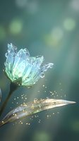 Magical crystal flower with dewdrops and golden sparkles on soft teal background for fantasy design projects and nature-inspired artwork.