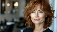 Woman with wavy copper hair and blue eyes smiling confidently in soft indoor lighting, showcasing modern hairstyle for beauty and fashion marketing.