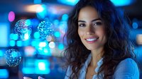 Young Hispanic woman with curly dark hair and bright smile against blurred blue bokeh lights background, wearing casual sweater, radiating happiness and confidence.