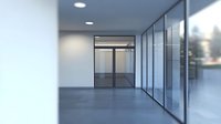 Modern empty office corridor with glass walls, automatic doors and recessed lighting, featuring minimalist design and natural daylight from floor-to-ceiling windows.