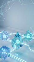 Abstract blue geometric network with connected transparent cubes and flowing lines representing digital technology, data flow and futuristic connectivity concepts.