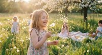 Young blonde girl blowing dandelion seeds in sunny meadow during family picnic with children playing in background at golden hour sunset.