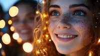 Young woman with freckles and bright blue eyes smiling at night, illuminated by warm fairy lights creating magical bokeh effect and festive atmosphere.