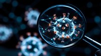 Magnified virus cell structure in blue neon glow through microscope lens against dark background, scientific research concept for medical and healthcare visualization.