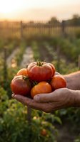 Fresh ripe tomatoes in farmer hands at sunset in organic vegetable garden with warm golden light creating peaceful agricultural harvest scene.