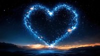 Glowing blue heart shape made of stars and light particles floating in night sky above sunset landscape with mountains and water.