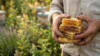 Beekeeper holding honeycomb frames with golden honey in hands outdoors, showcasing natural beekeeping and apiary harvest for agricultural and food production content.