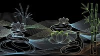 Zen garden with lotus flowers and bamboo in linear art style on black background. Minimalist Asian-inspired design with flowing water ripples and plants.