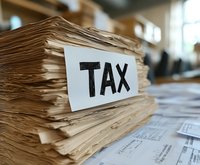 Large stack of tax documents and paperwork on desk with TAX label, accounting office background for financial planning and preparation services.