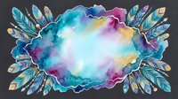 Watercolor feather frame with vibrant rainbow colors and cosmic galaxy background for bohemian design projects and spiritual artwork decoration.