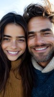 Happy young couple smiling outdoors in autumn sweaters showing genuine joy and connection for lifestyle and relationship content.