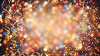 Festive party background with golden bokeh lights, colorful confetti and metallic ribbons creating celebratory atmosphere for events and occasions.
