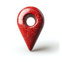 Red cracked location pin marker on white background with soft shadow, isolated object for maps and navigation apps design elements.