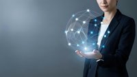 Businesswoman holding glowing digital globe network in hands, representing global connectivity, data transfer, and technology innovation for corporate communications and business solutions.