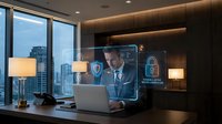 Professional businessman using laptop with cybersecurity holographic interface in modern office overlooking city skyline at dusk.