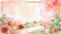 Watercolor floral frame with roses, peonies, and gold decorative swirls on soft pink background. Isolated design element suitable for invitations, greeting cards, and wedding stationery projects.