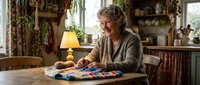 Senior woman with gray hair and light skin tone engaged in creative needlework or embroidery at wooden table in vintage home interior with warm lighting and decorative elements.