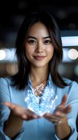 Young Asian woman in business attire holding glowing digital globe, representing global connectivity, technology innovation, and international business solutions for corporate and tech industry use.