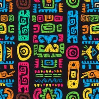 Vibrant ethnic seamless pattern with colorful ancient tribal symbols on black background. Abstract geometric ornament with mayan style elements repeats continuously.