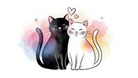 Two adorable cats in love sitting together with hearts floating above on colorful watercolor background isolated on white for romantic designs.