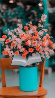Open book with coral roses and white blossoms arranged in turquoise vase, sitting on orange wooden chair against blurred teal background. Romantic reading concept.