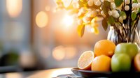 Fresh citrus fruits and green apples on wooden table with soft bokeh lights and white flowers in vase, cozy morning atmosphere with natural sunlight.