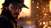 Dramatic portrait of bearded Caucasian man in cap against blurred orange bokeh background with sparks. Dark moody atmosphere creates cinematic effect.