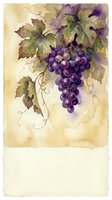 Watercolor painting of purple grapes hanging from vine with green leaves on textured paper background for kitchen decor and wine themed designs.