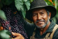 Latino farmer harvesting ripe coffee cherries on plantation, wearing traditional hat and work clothes, close-up portrait showing authentic farming lifestyle.