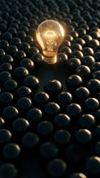 Glowing incandescent light bulb surrounded by dark spheres, symbolizing innovation, unique ideas, creativity, and standing out from the crowd for business concepts.