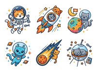 Cartoon cat astronauts in spacesuits floating in space with rockets, planets, and stars. Isolated clipart on transparent background, ready for children's designs, t-shirts, and educational materials.