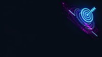 Neon glowing target with arrow hitting bullseye on dark background. Digital marketing success concept for business presentations and advertising campaigns.