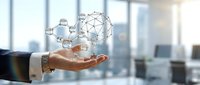 Businessman hand presenting digital network connections and data visualization in modern office environment for technology and business concepts.
