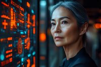 Mature Asian businesswoman with gray hair looking at futuristic digital interface display with orange and blue data visualization elements in dark office setting.
