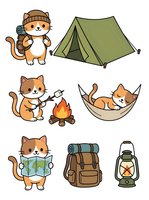 Cute orange and white cat characters in camping and outdoor adventure scenarios with tent, campfire, hammock, map, backpack and lantern on white background.