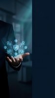 Businessman holding glowing shield and gear icons representing cybersecurity, data protection, and network safety in modern office environment for technology and business concepts.