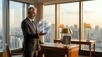 Senior Caucasian businessman in suit holding glowing holographic globe in modern office with panoramic city view at sunset.