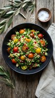 Fresh Mediterranean quinoa salad with colorful cherry tomatoes, herbs and pomegranate seeds in black bowl on rustic wooden table for healthy eating.
