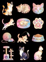 Watercolor cat clipart set with cute kittens, paw, food bowl, yarn, and cat tree, isolated on transparent background, ready for stickers, t-shirts, and print on demand.