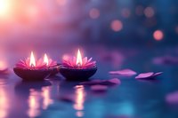 Glowing lotus-shaped oil lamps with pink flames on reflective surface, scattered petals, soft bokeh background. Suitable for wellness, meditation, spirituality and spa design projects.