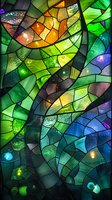 Abstract stained glass mosaic in vibrant green, blue and orange tones with organic flowing pattern and glowing light effects creating depth and movement.