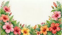 Watercolor tropical hibiscus floral border frame with lush green leaves on white background, copy space for text or design.