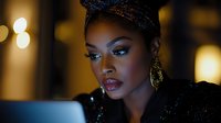 Young African American woman in headwrap looking at laptop screen in dark room with bokeh lights, wearing glamorous makeup and gold earrings, night work atmosphere.